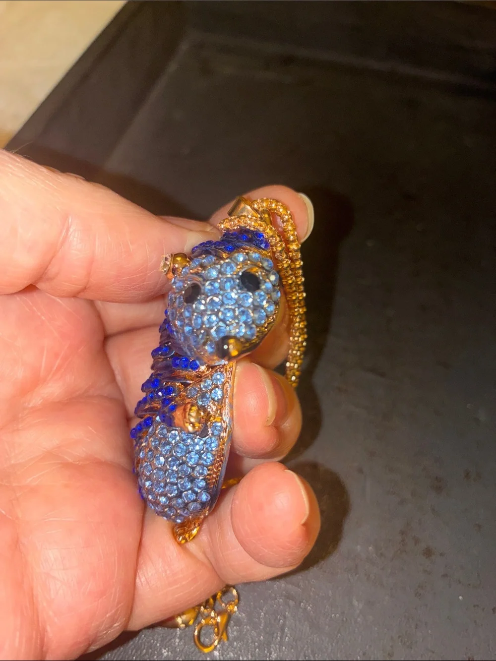 Blue Crystal Hedgehog Pendant Necklace - Gold Tone
